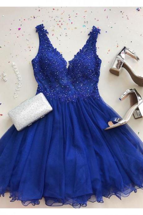 A Line V Neck Royal Blue Tulle Prom Dress, Sparkle Sleeveless Short Tulle Homecoming Dress, Mini Party Dresses