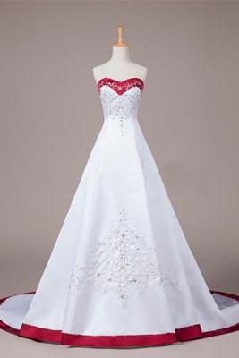 Sweetheart Neck A-line White Satin Bridal Gown Embroidery Beaded Wedding Dresses