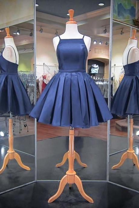 Navy Blue Satin Halter Short Pleated Homecoming Dress, Formal Dress