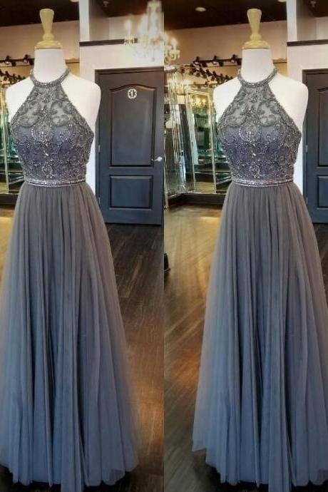 Halter Gray Prom Dresses With Beads