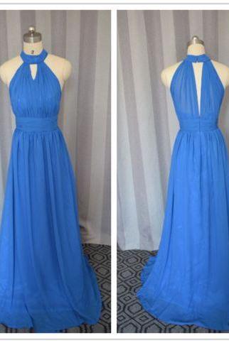 Halter Keyhole Front Blue Prom Dresses