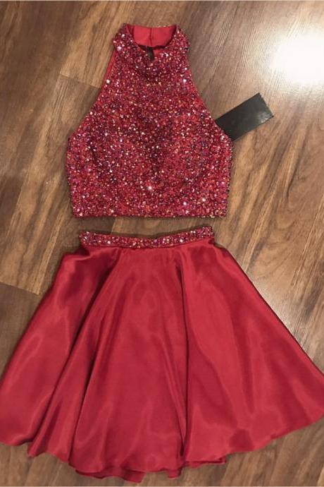 high neck homecoming dress,two piece prom dresses,short prom dress crystal beaded