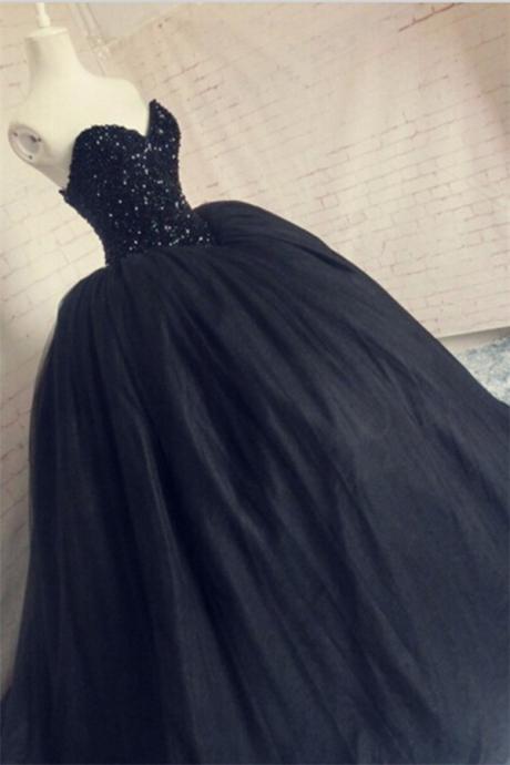 Beaded Amazing Black Evening Gown Sequins Sweetheart Sparkly Corset Puffy Tulle Prom Dress