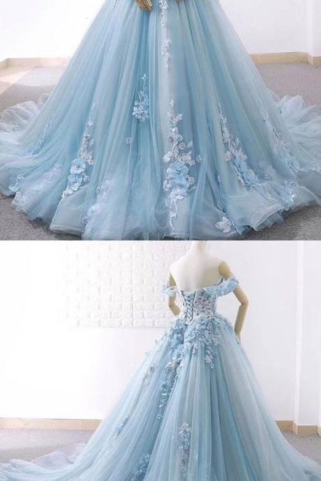 Light Blue Tulle Ball Gown Wedding Dress With Lace Bohemian Bridal Dresses