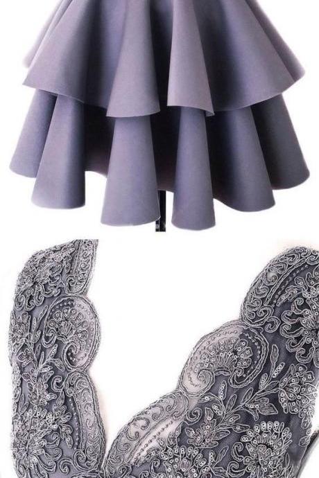 Cute Lace V Neck Short Prom Dress, Gray Homecoming Dress