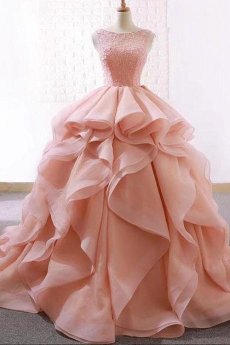 Pink Round Neck Tulle Long Prom Dress