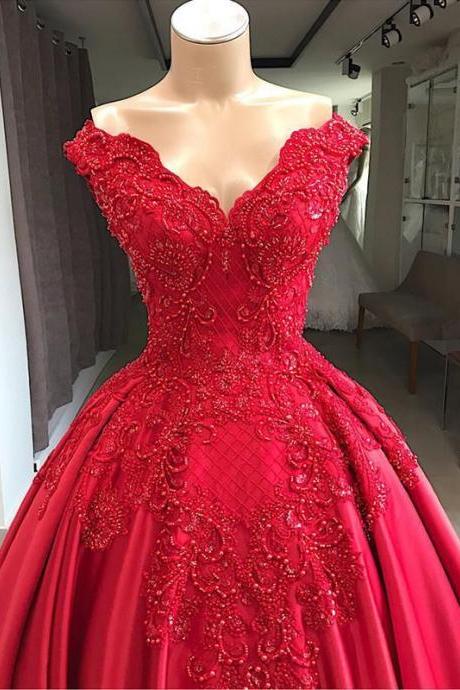 Lace Embroidery Beaded V-neck Satin Ball Gown Prom Dress