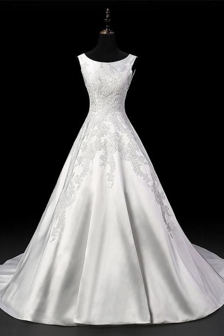 Vintage Ivory Satin Wedding Dress Aline Bridal Dresses Lace Appliques Sweep Train