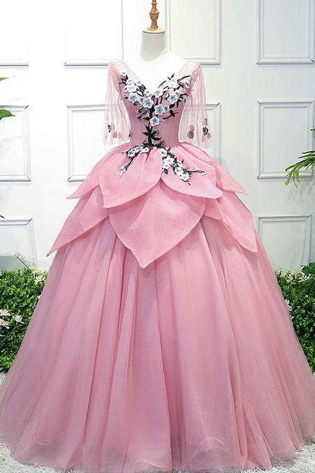 Beautiful Pink Tulle, Lace Prom Dress, V Neck Prom Dress, Mid Sleeves, Long Evening Dress ,3d Flower Applique Eveing Gowns