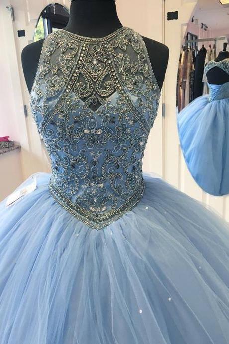 Ball gown prom dresses,Blue A-line Scoop Floor-length Elastic Woven Satin Prom Dresses Evening Dresses