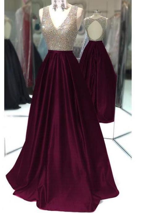 Long Sexy V Neck Beading Crystal Prom Dress Long Evening Gowns