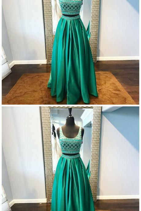 Two Piece Scoop Floor-length Green Satin Beaded Prom Dress