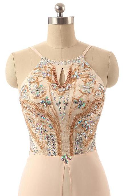 Custom Made Beige Halter Neckline Beaded Crystal Adorned Long Chiffon Evening Dress, Prom Dresses, Wedding Dresses