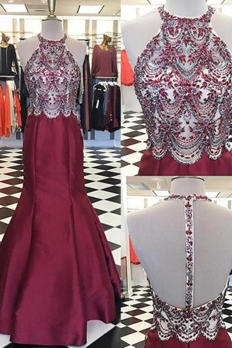 Round Neck Backless Appliques Prom Dress with Beading,Fashion Prom Dress,Sexy Party Dress,Custom Made Evening Dress