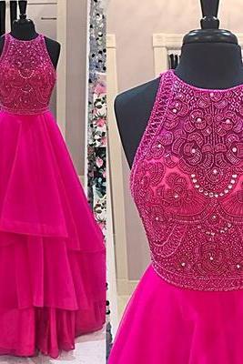 Sparkly Beaded Bodice Fuchsia Prom Dresses,fashion Prom Dress,sexy Party Dress,custom Made Evening Dress