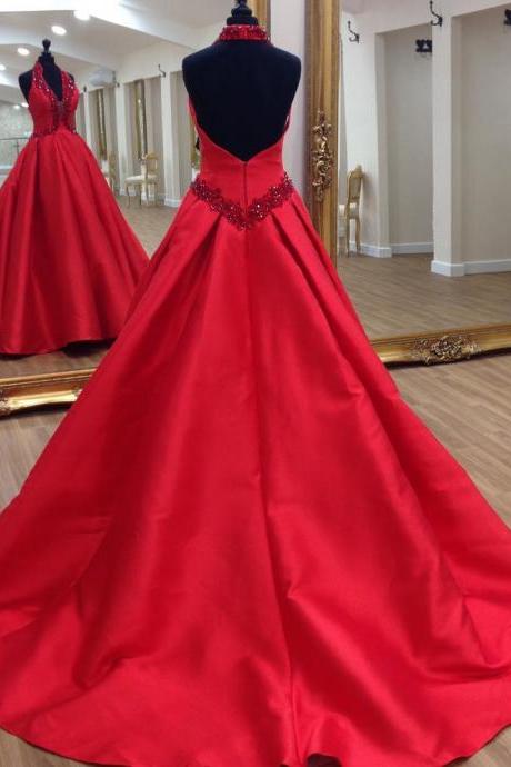 Halter Prom Dress, Red Prom Dress, Beaded Prom Dress, Sleeveless Prom Dress, A-line Prom Dress, Long Prom Dress