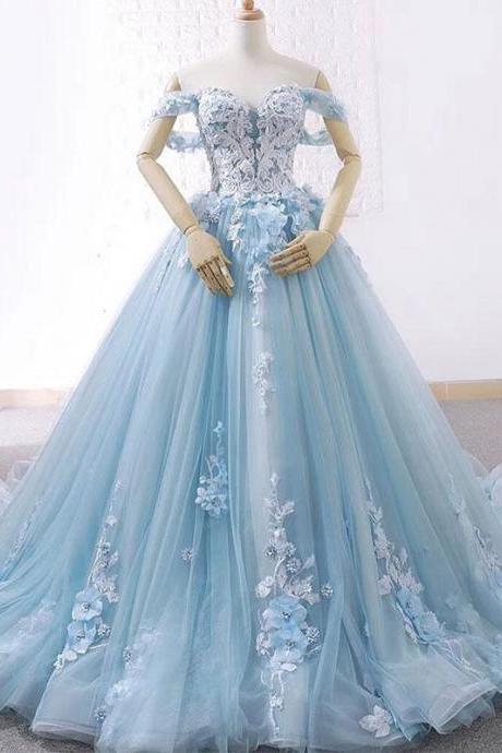 Blue sweetheart tulle lace long prom dress, blue wedding dress