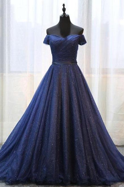 Elegant Dark Blue Tulle Prom Dress, Shining Off Shoulder Evening Dress