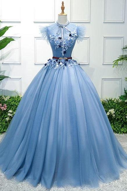 Beautiful Blue Tulle High Neck Prom Dress, Evening Gown