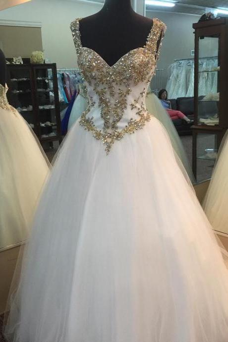 Gold Beading Sweetheart Prom Dress,white Organza Ball Gowns Prom Dresses,quinceanera Gowns,long Evening Dress,elegant Prom Dresses,floor Length