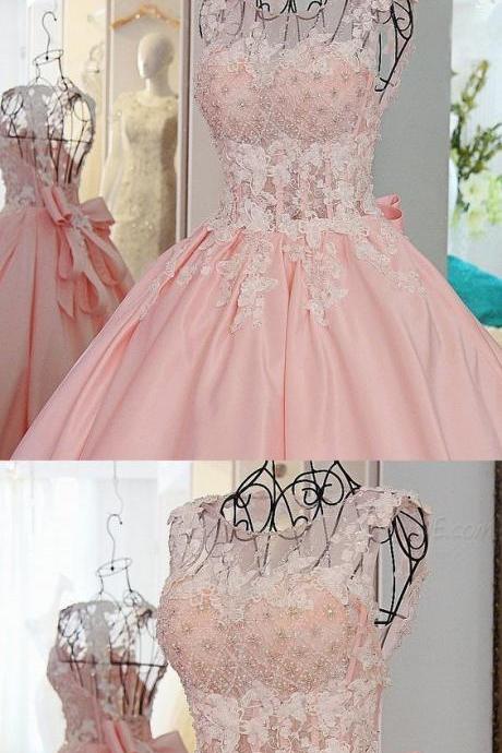 Chic A-line Scoop Pink Lace Prom Dress Floor Length Beading Prom Dress Modest Evening Dresses