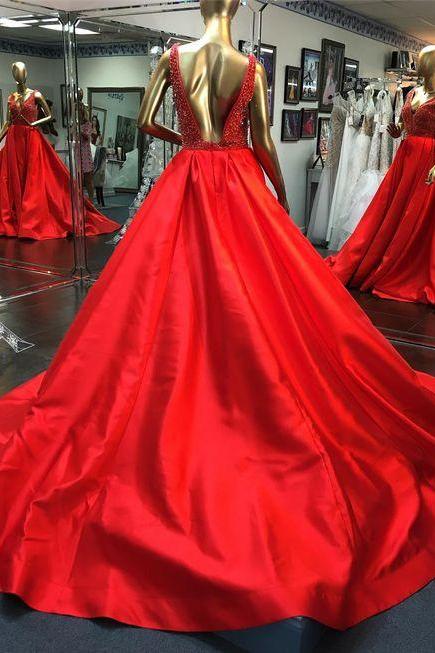 Fashion V Neck Red Prom Dress Beautiful Evening Dresses