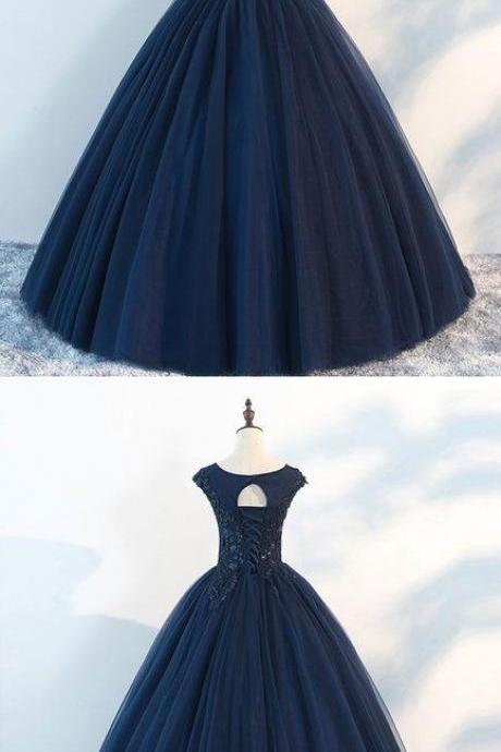 Dark Blue Round Neck Tulle Lace Long Prom Dress, Blue Tulle Lace Evening
