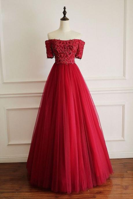 Burgundy Tulle Lace Long Prom Dress, Burgundy Tulle Evening Dresses