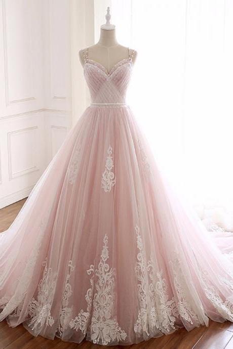 Pink Tulle Spaghetti Straps Backless Weddign Dress With Beading