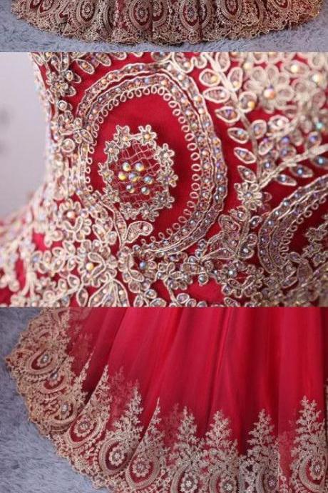 Prom Dress Red Tulle Gold Lace Appliqued Formal Evening Dress ,custom Made Women Party Gowns