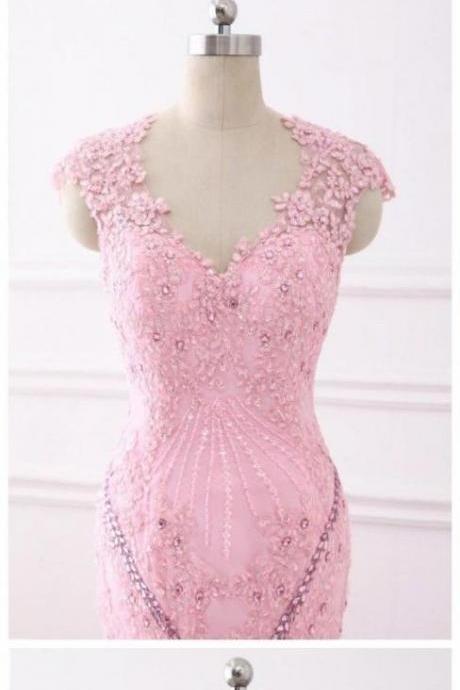 Chic Trumpet/mermaid Pink Prom Dresses With Lace Beading Prom Dress Evening Dresses
