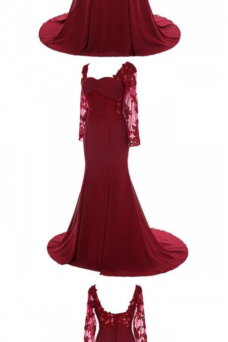 Elegant Mermaid Sweetheart Burgundy Satin Mother Of the Bride Dress with Lace Appliques