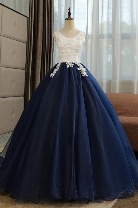 Vintage Navy Blue Tulle Long Sequined Quinceanera Dress, Formal Prom Dress