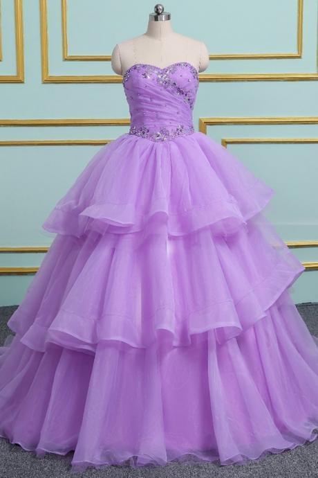 Sweetheart Neck Lavender Organza Long Layered Ball Gown, Formal Prom Dresses