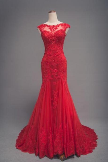 Red Lace Long Train Mermaid Cap Sleeve Evening Dress, Formal Prom Dress