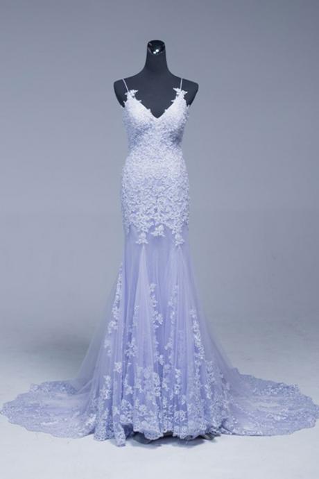 Lavender Lace Appliques Beading Long Mermaid Evening Dress, Prom Dress