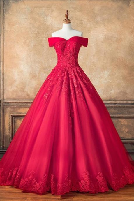 Red Tulle Off Shoulder Long V Neck Prom Dress, Lace Formal Dress