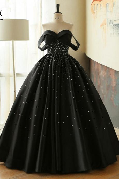 Unique Black Satin Off Shoulder Long Beaded Prom Dress With Sleeve