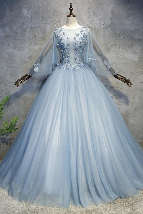 Blue Grey Tulle Scoop Neck Long Beaded Formal Prom Dress With Sleeves