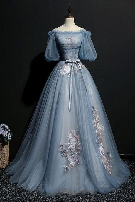 Unique Blue Gray Tulle Puffy Sleeves Long Evening Dress, Long Strapless Lace Senior Prom Dress