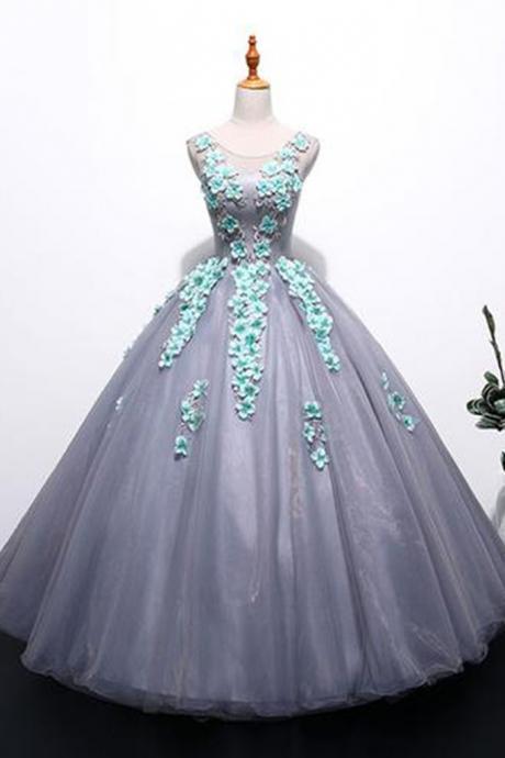 Unique Gray Tulle Long Winter Formal Prom Dress With Appliqués, Long Plus Size Prom Gown