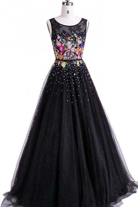 Cute tulle round neck flowers long dresses,prom dress for teens