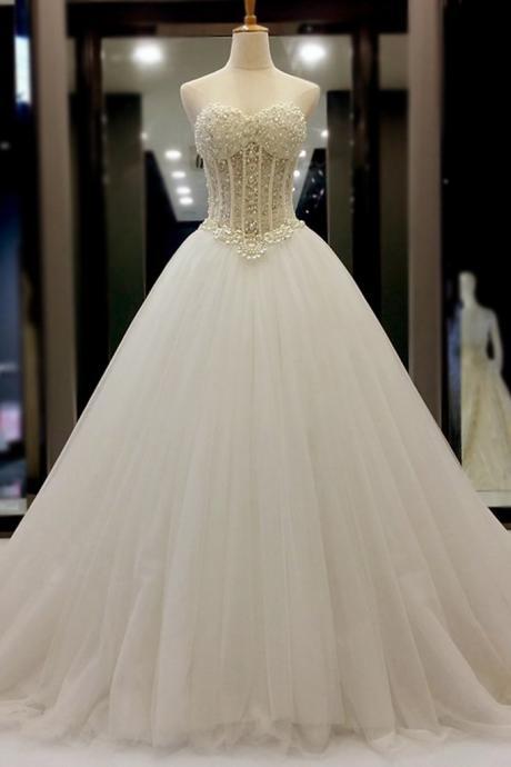 White Organza Sweetheart Beading Pearl A-line Long Prom Dresses, Wedding Dresses