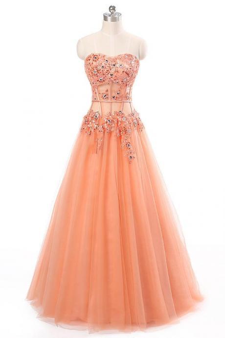 Orange Tulle A-line Beading Formal Long Dress ,sweetheart Long Prom Dresses For Graduation