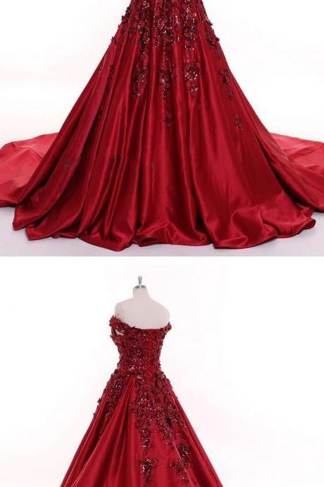Dark Red Sequins Lace Flowers Off The Shoulder Formal Gown Women Wedding Dresses