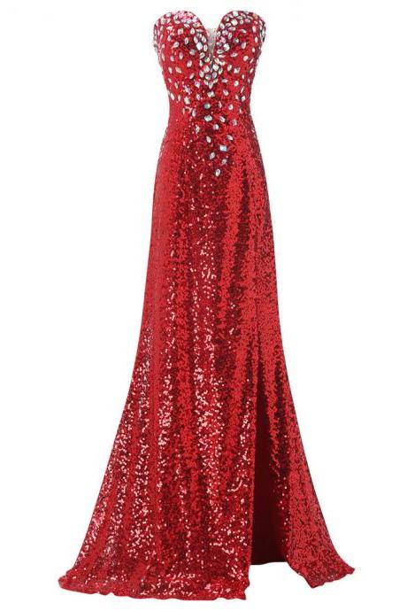 Strapless A-line Red Sequin Prom Dress Split Crystals Evening Gowns