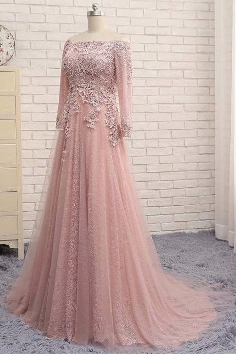 Long Sleeves Tulle Prom Dress Off The Shoulder Lace Appliques Floor Length