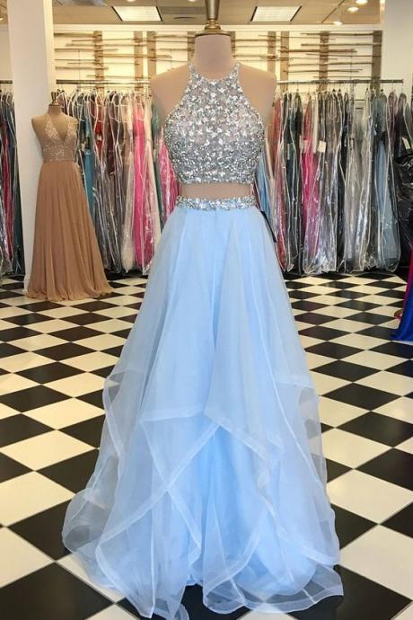 Light Blue Tulle Prom Dress 2 Pieces Halter Neck Crystals Women Party Dress