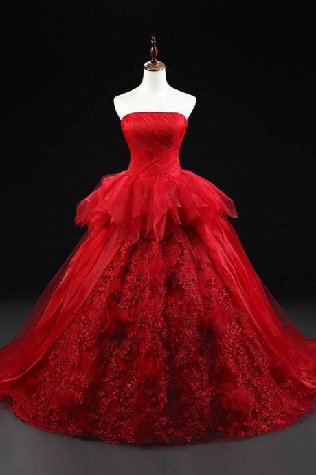 Strapless Ball Gown Tulle Prom Dress Floor Length Women Party Dress