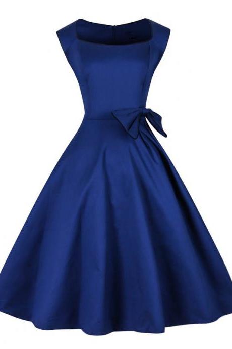Navy Blue Satin Homecoming Dress, Scoop Neck Women Party Dress, Bow Tie Knee Length Women Dress